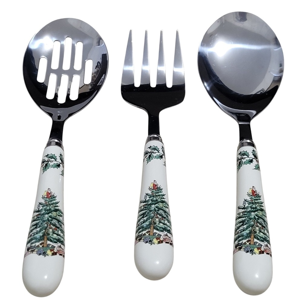 Spode‎ Christmas Tree 3 Pc Serving Utensil Set Spoon Fork Slotted Spoon Holiday